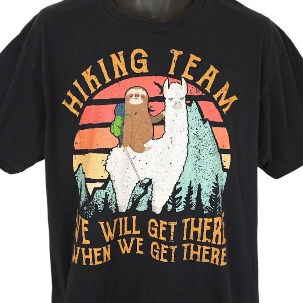 Hiking Team T Shirt Mens Size XL Black Sloth Llama We Will Get There